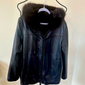 Black Sheared Beaver & Leather Reversible Coat with Fox Fur Lined Hood M/L